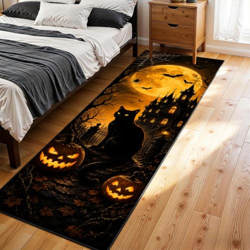 Halloween Pumpkin Black Cat Runner Rug 3D Non-Slip 2x6ft Pattern-1