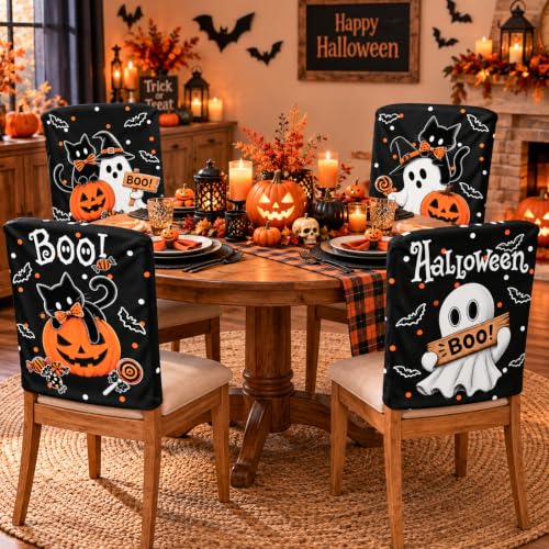 Halloween Chair Back Covers 4-Pack Black Cat Ghost Pumpkin Decor