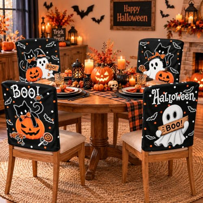 Halloween Chair Back Covers 4-Pack Black Cat Ghost Pumpkin Decor