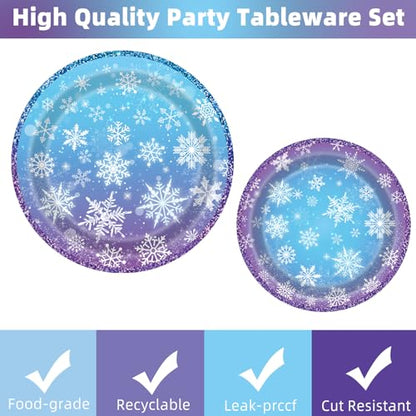 Disposable Snowflake Party Plates Napkins Forks Set for Winter Wonderland Christmas
