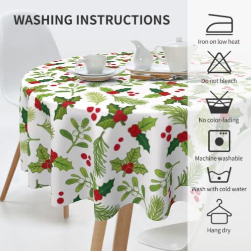Xmas Holly Round Tablecloth 60 Inch for Indoor Outdoor Holiday Decor - Holly Mistletoe