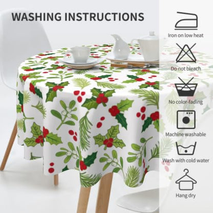 Xmas Holly Round Tablecloth 60 Inch for Indoor Outdoor Holiday Decor - Holly Mistletoe