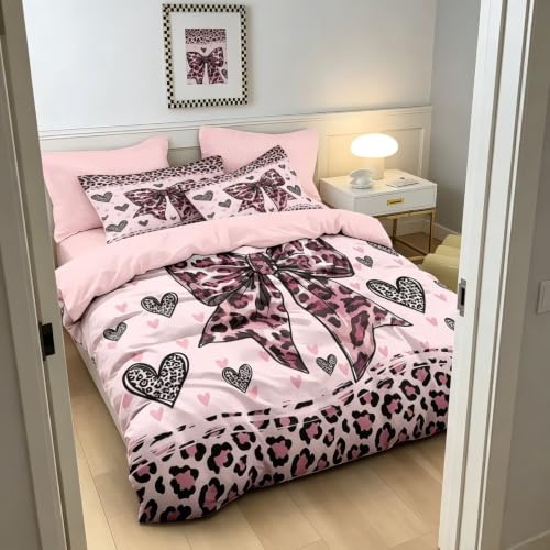 Pink Leopard Queen Duvet Cover Set with Bow & Heart Design - 3 Piece Bedding