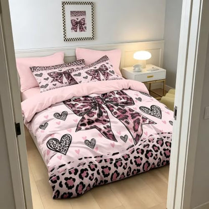 Pink Leopard Queen Duvet Cover Set with Bow & Heart Design - 3 Piece Bedding