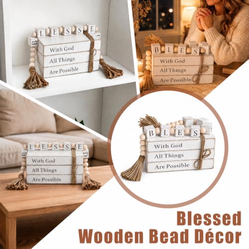 Farmhouse Decor Books Set with Faith Message and Beaded Tassels - Rustic White Wooden Faux Book Ornaments