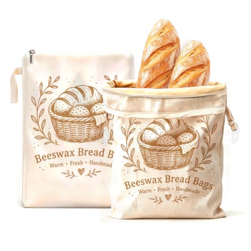 Cream Beige Beeswax Bread Bags Set for Homemade Loaves with Zipper & Buckle - Reusable Cotton Sourdough Storage - XL