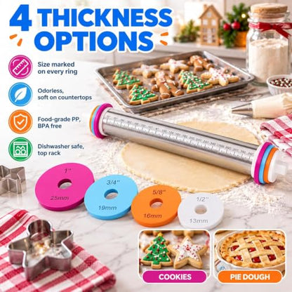4 Pack Baking Rolling Pin Guide Rings - Food-Grade Silicone Thickness Spacers