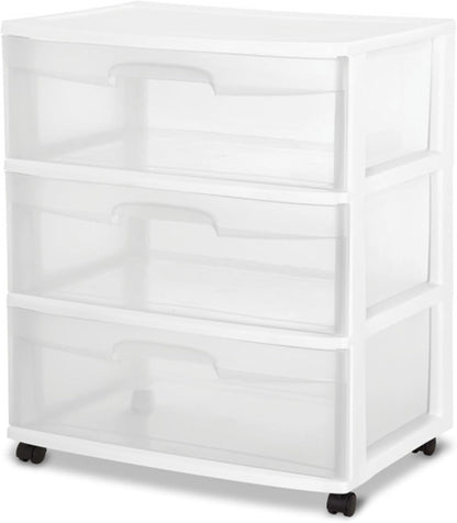 Sterilite Wide 3 Drawer Storage Cart - Rolling Plastic Organizer with Wheels | White & Clear Drawers