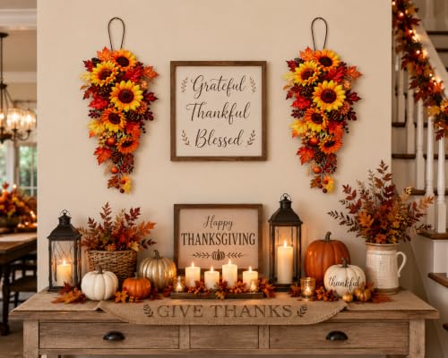 Set of 2 Fall Sunflower Metal Swags for Indoor Outdoor Decor 22" x 10"