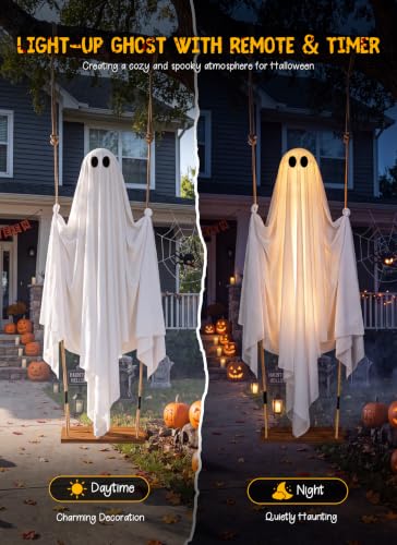 Minetom 4.5FT Medium Swinging Ghost Halloween Outdoor Decor, Hanging Ghost with Lights