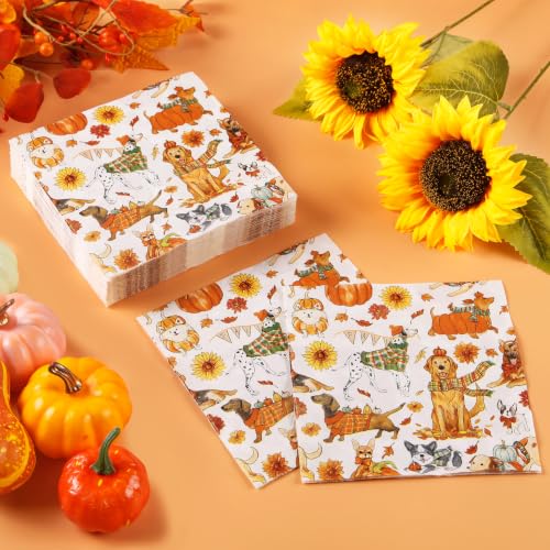 Fall Napkins Cocktail Paper Set with Dogs Pumpkins Sunflowers 50 Sheets