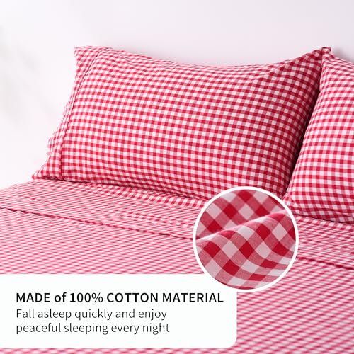 Checkered Red Cotton Queen Sheets Set - Gingham Bed Linen with Deep Pockets