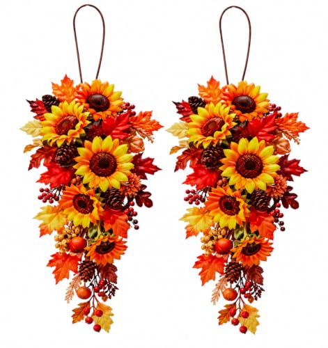 Set of 2 Fall Sunflower Metal Swags for Indoor Outdoor Decor 22" x 10"