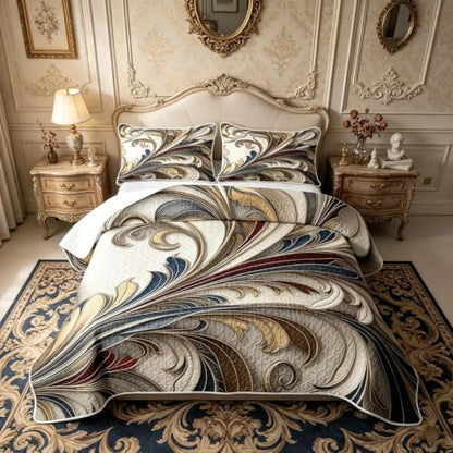 King Size 3D Sculpted Plants Quilt Set White Gold Blue - All-Season Bedding