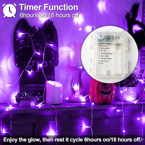 Purple Fairy String Lights Battery Operated Halloween Decor - 26ft with 8 Modes