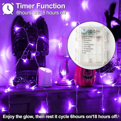Purple Fairy String Lights Battery Operated Halloween Decor - 26ft with 8 Modes