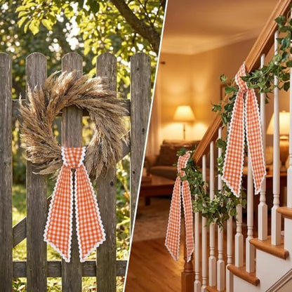 2Pcs Orange and White Plaid Garland Wreath Sash for Front Door & Decorations