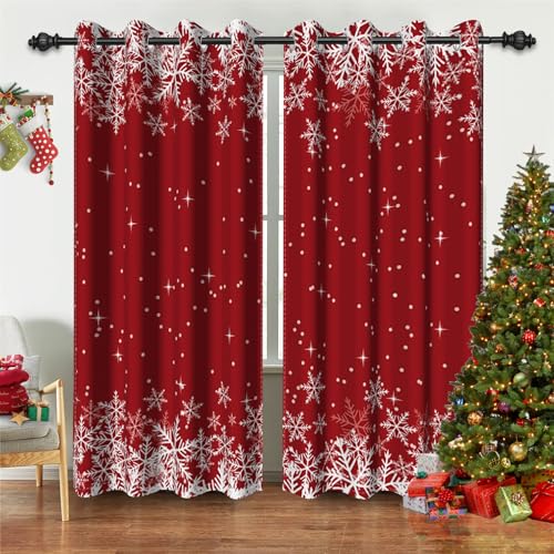 Blackout Christmas Snowflake Curtains for Bedroom & Living Room - Red, 42x63 Inches, Pack of 2