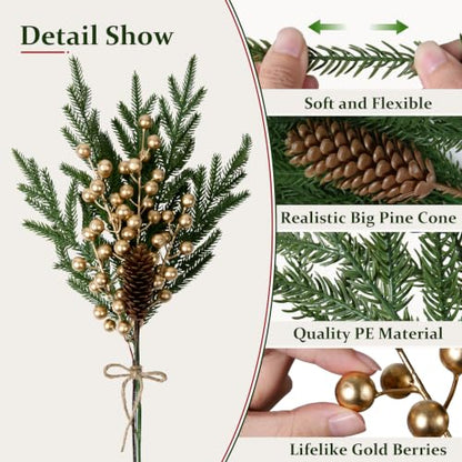 Fake Xmas Norfolk Pine Stems with Pinecones & Gold Berries - 12PCS