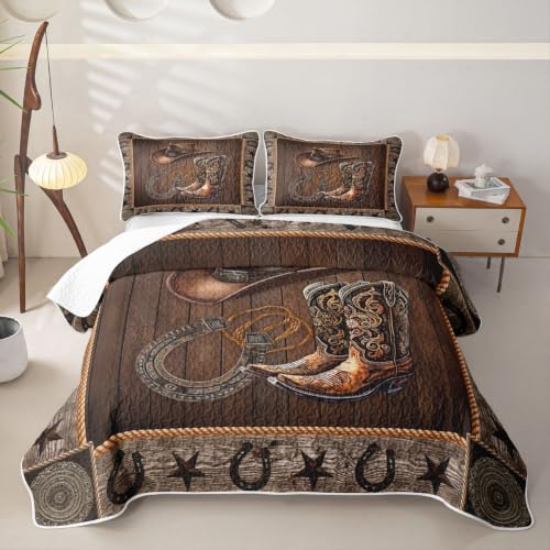 Western Cowboy Quilt Set Queen with Boots Hat Horseshoe Design - Grey Brown