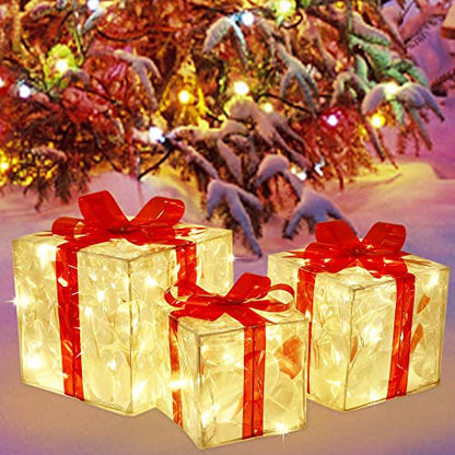 Clear Lighted Christmas Gift Boxes Set of 3 - Outdoor Decor with 60 LEDs