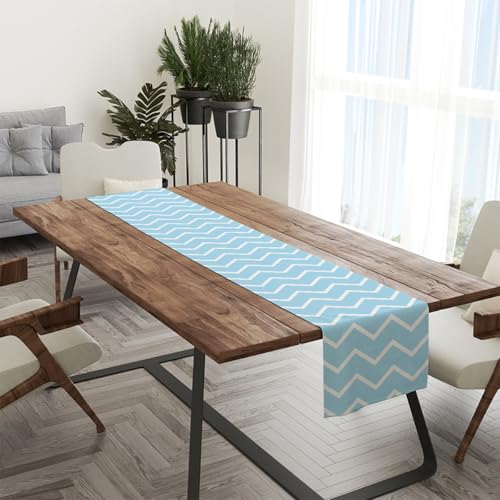 Wave Shape Table Runner - Indoor Outdoor Kitchen Dining Decor, 13 x 72 Inch - Blue