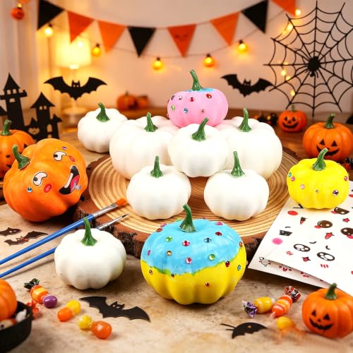 DIY White Pumpkin Craft Kit with Paints, Brushes, Stickers for Fall Decor