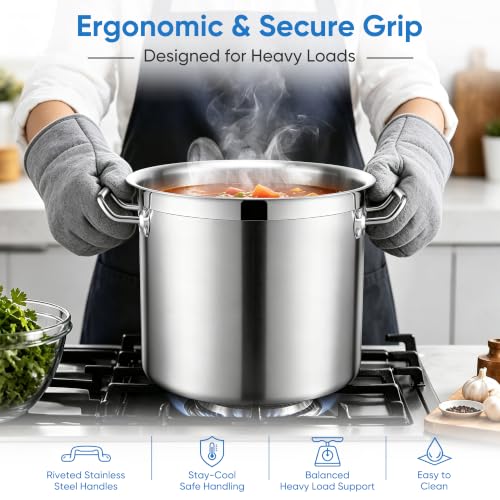E-far 20 Quart Tri-Ply Stainless Steel Stock Pot with Lid - Induction Ready