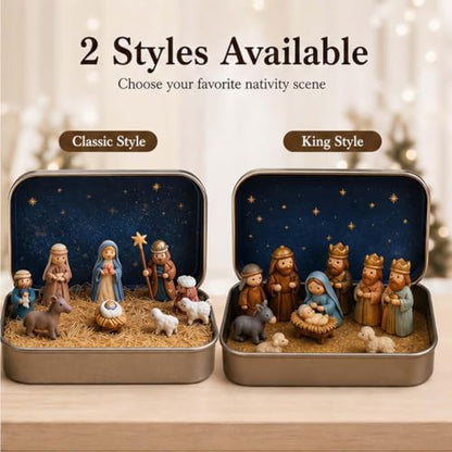 Mini Nativity Scene Set in Tin Box - Religious Christmas Decoration - 1 Piece Variation A