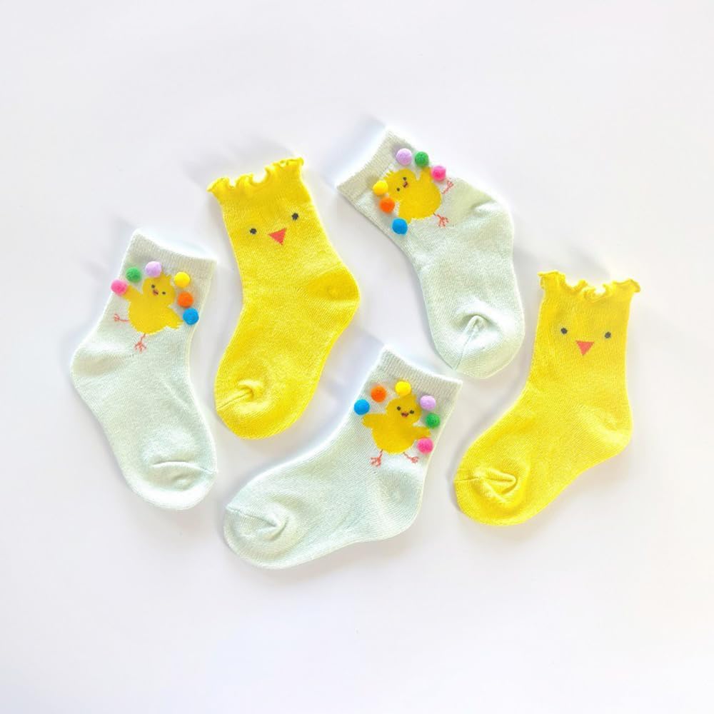 Skiennix Girls' Cozy Cotton Crew Socks - Fun Ruffle Design in Yellow Chick for Ages 3-8 Years