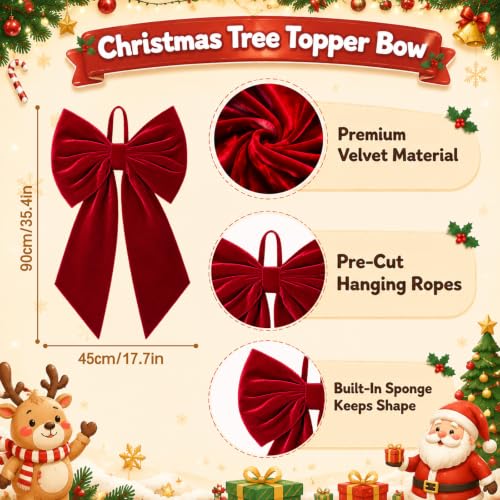 Large Velvet Christmas Bow - 35x18 Inches Holiday Tree Topper