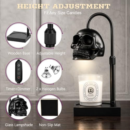 Skull Candle Warmer Lamp with Timer & Dimmer - Gothic Skeleton Wax Warmer, Adjustable Height, Black 1 Pack