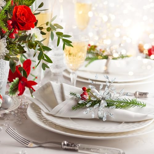 Willbond Christmas Crystal Leaf Napkin Rings Set - Silver, 12 Pieces