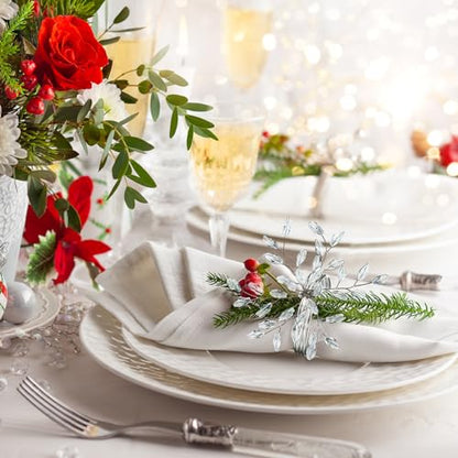 Willbond Christmas Crystal Leaf Napkin Rings Set - Silver, 12 Pieces