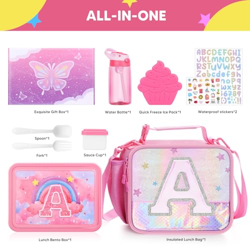 JYPS Lunch Box for Girls-Insulated Lunch Bag,Kids Bento Box with 6 Compartment,Water Bottle,Ice Pack,Salad Container,Perfect Lunch Container for Kids and Toddlers Back to School Age 7-15(Pink A)