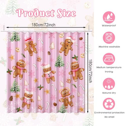 Pink Christmas Gingerbread Man Shower Curtain 72x72 Inches - Waterproof Bathroom Decor
