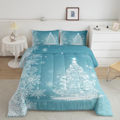 Queen Size Christmas Comforter Set with Glitter Xmas Trees & Stars - Blue Shiny Holiday Bedding with Pillowcases - Variation 07
