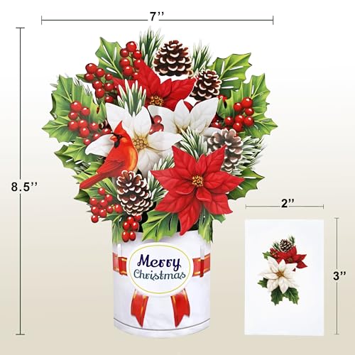 Christmas Poinsettia Pop-Up Card - 8.5x7 Inch Holiday Greeting with Bouquet of Poinsettia & Pine Cones - Variation of Pointsettia Bouquet-6x8in