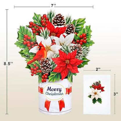 Christmas Poinsettia Pop-Up Card - 8.5x7 Inch Holiday Greeting with Bouquet of Poinsettia & Pine Cones - Variation of Pointsettia Bouquet-6x8in
