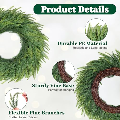 Artificial Christmas Wreath 24 Inch Norfolk Pine with Mix Green Branches - 2 Pieces