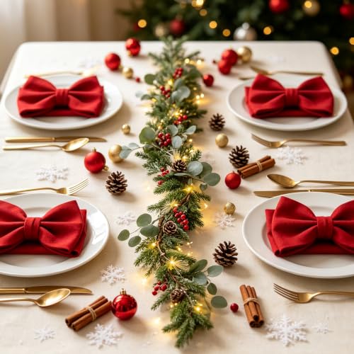 6ft Christmas Garland with Lights - Mantel Decor, Green Conifer, Red Berries & Pine Cones