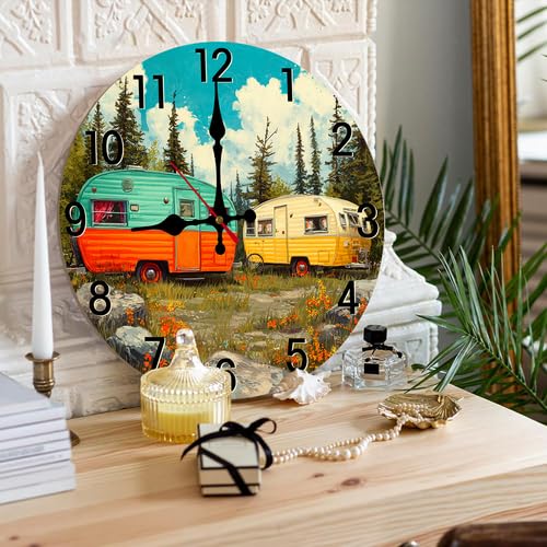 10 Inch Wooden Wall Clock - Camper Theme Silent Sweep Movement, Variation Clock-018+10inch×10inch