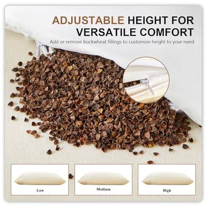 Organic Buckwheat Pillow for Neck Support with Adjustable Height and Cotton Cover