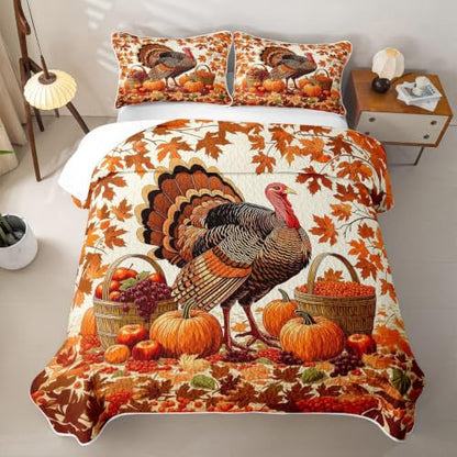 Castle Fairy Autumn Turkey Quilt Set Queen Size - Fall Harvest Bedding with Pillow Shams - Orange Red Cream, 3 Pieces