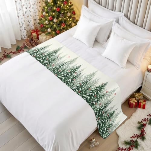 Christmas Tree Bed Runner King Size 94x20 in Green White Red Holiday Decor Bed Scarf
