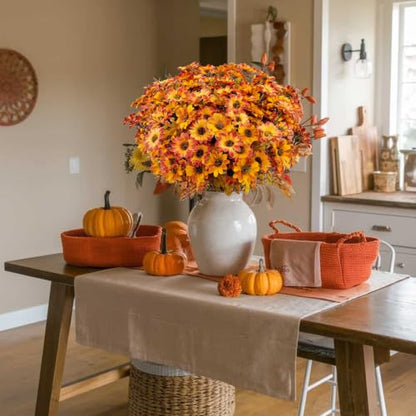 Artificial Mums Flowers for Outdoor & Indoor Decor - Orange Yellow, 12 Bundles
