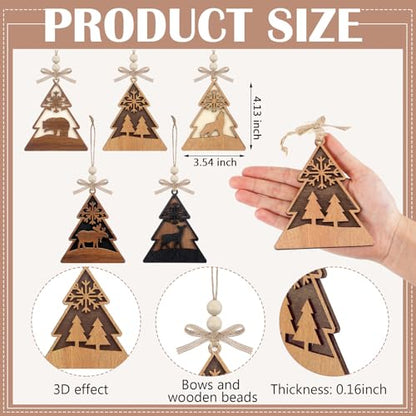 Rustic Christmas Wood Animal Ornaments Set - Reindeer, Bear, Wolf, Moose, Evergreen Tree