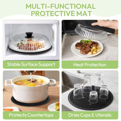 Black Glass Microwave Cover 10 Inch Splatter Guard with Silicone Mat & Vent Holes