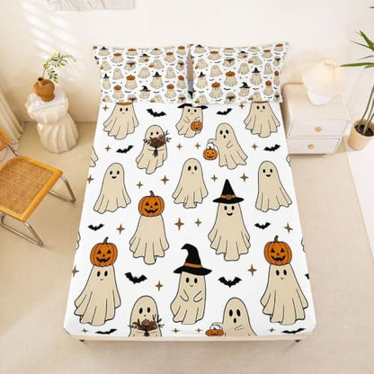 Beige Full Bed Sheets Set with Ghost Pumpkin Bats - Microfiber Breathable Soft
