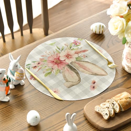 14-Inch Bunny Rabbit Ears Buffalo Plaid Easter Round Placemats Set of 4 for Spring Table Decor